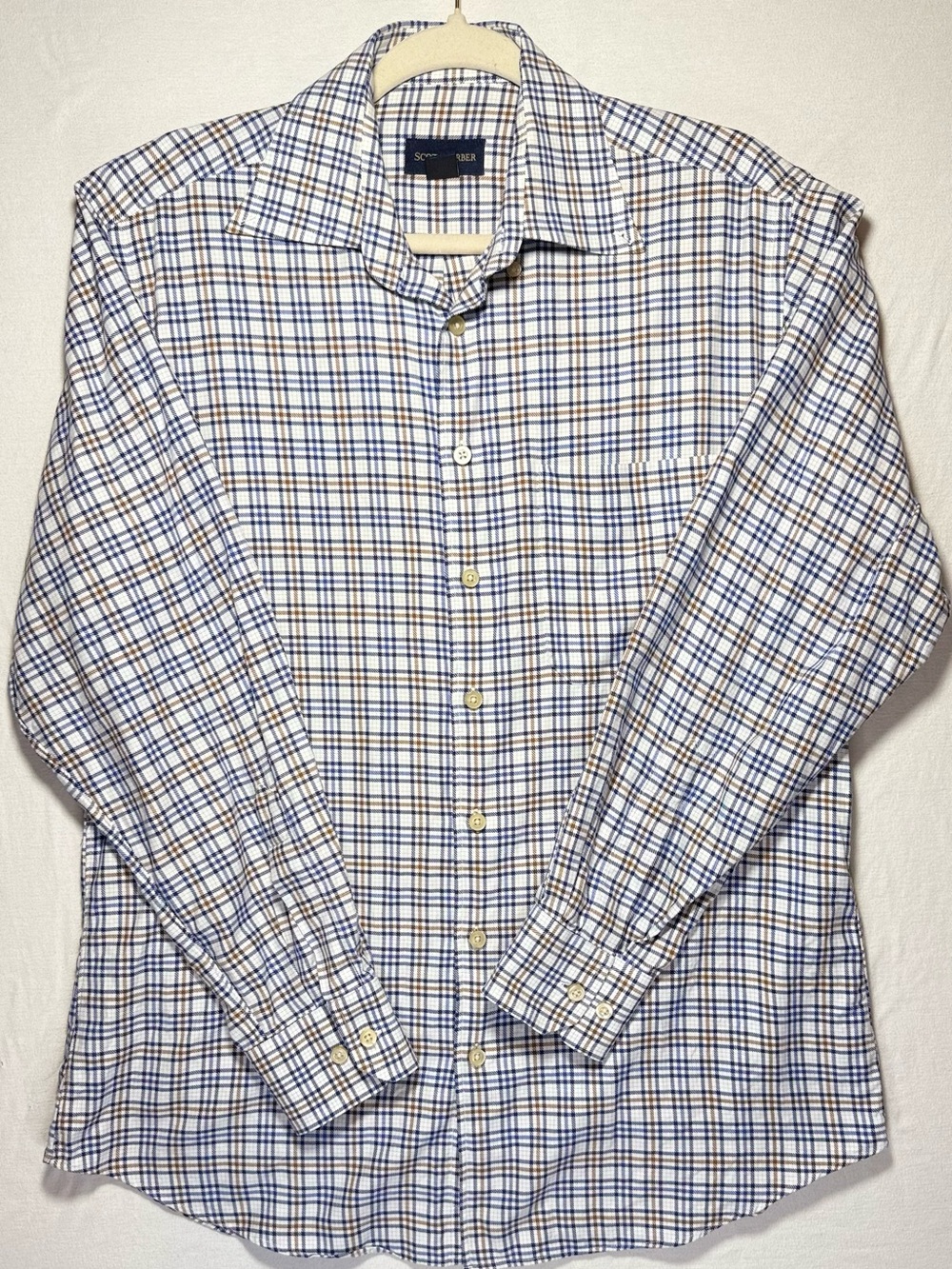 Scott Barber White Blue and Brown Plaid Long-Sleeve Dress Shirt